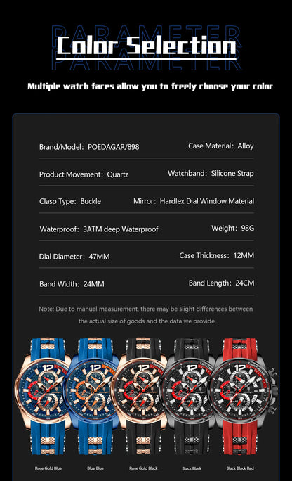 POEDAGAR Functional Watch For Men Date Chronograph Luminous Waterproof Silicone Classic Male Watch Quartz Original Men's Watches