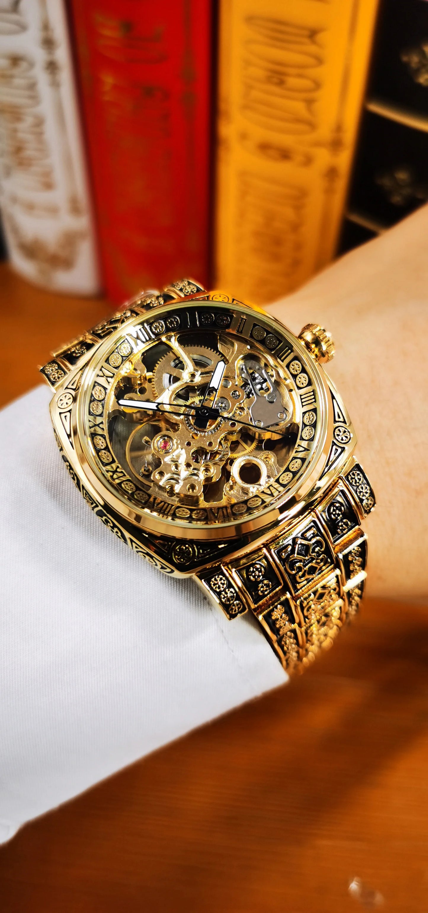 Forsining Gold Square Skeleton Automatic Mechanical Watches Engraved Design Luminous Hands Stainless Steel Strap Retro Men Watch
