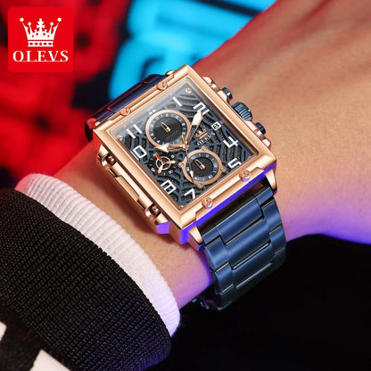 OLEVS Brand Square Multifunctional Quartz Watch for Men Stainless Steel Waterproof Sport Chronograph Mens Watches Reloj Hombre