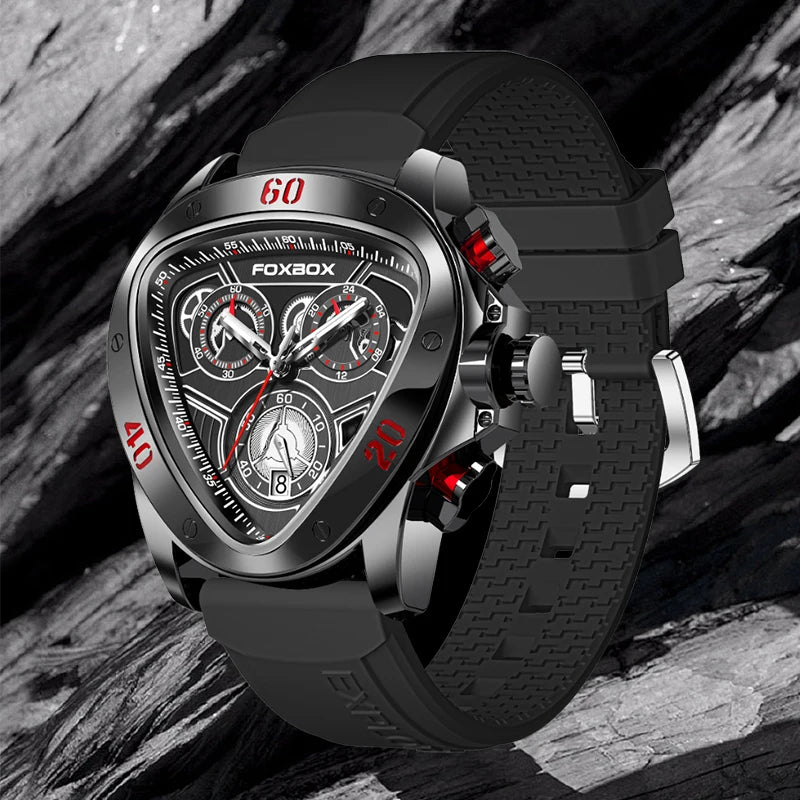 FOXBOX Fashion Luxury Quartz Man Watch Creative Big Dial Chronograph Date Nylon Strap Casual Sport Triangle Men's Watches Clocks