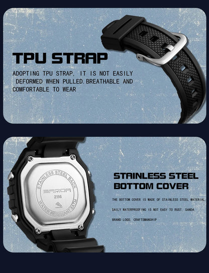 SANDA Fashion 2156 Men's Electronic Watch Movement Rectangular Sports Waterproof LED Display Screen Dial Men's Electronic Watch