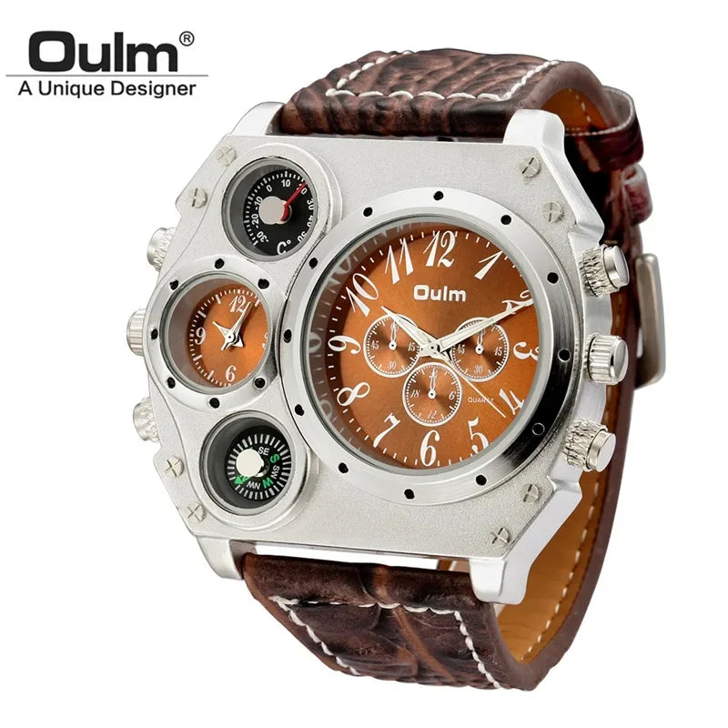 Oulm 1349 Unique Designer Brand Men's Sports Watch Two Time Zone Quartz Watches Big Dial Military Leather Band Wristwatch