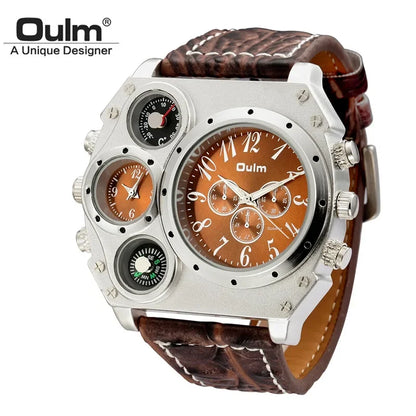 Oulm 1349 Unique Designer Brand Men's Sports Watch Two Time Zone Quartz Watches Big Dial Military Leather Band Wristwatch