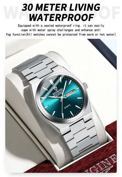 BINBOND Men's Fashion Business Watch Quartz Movement Stainless Steel Buckle Waterproof Luminous Calendar Leisure Watch