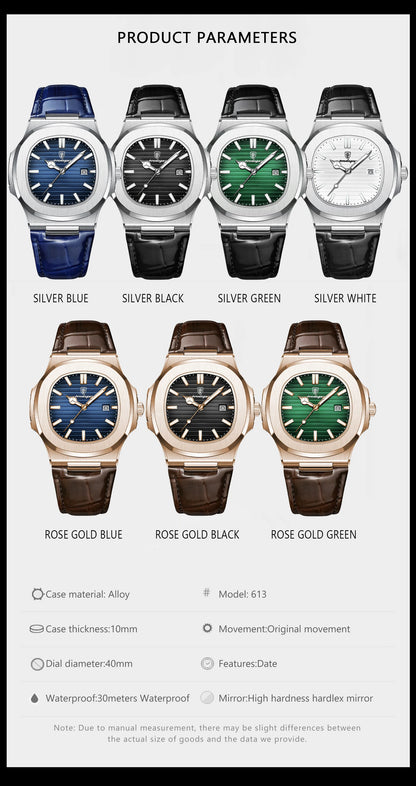 POEDAGAR Top Square Man Watch Date Waterproof Luminous Luxury Men Wristwatch High Quality Leather Men's Quartz Watches+Box Reloj