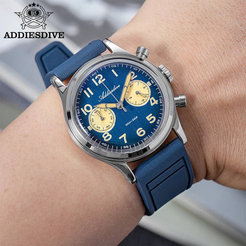 ADDIESDIVE Top Brand Man Watch 10Bar Waterproof AD2516 Super Luminous Bubble Mirror Glass VK64 Chronograph Quartz Steel Watch