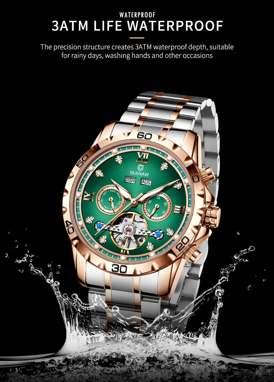 GLENAW NEW Year Month Sunday Multi-functional Mechanical Watch Men luxury Stainless Steel Waterproof Automatic watch steel strip