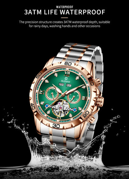 GLENAW NEW Year Month Sunday Multi-functional Mechanical Watch Men luxury Stainless Steel Waterproof Automatic watch steel strip