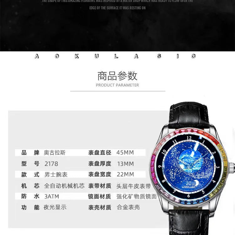 Luxury Sapphire Men's Automatic Mechanical Watch Top Brand Water Resistant Leather Strap Men Wristwatch Reloj Hombre