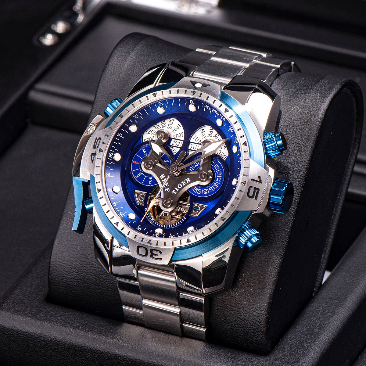 Reef Tiger/RT Designer Stainless Steel Completed Calendar Automatic Watch Men Date Rose Gold Bracelet Mechanical Watches RGA3503