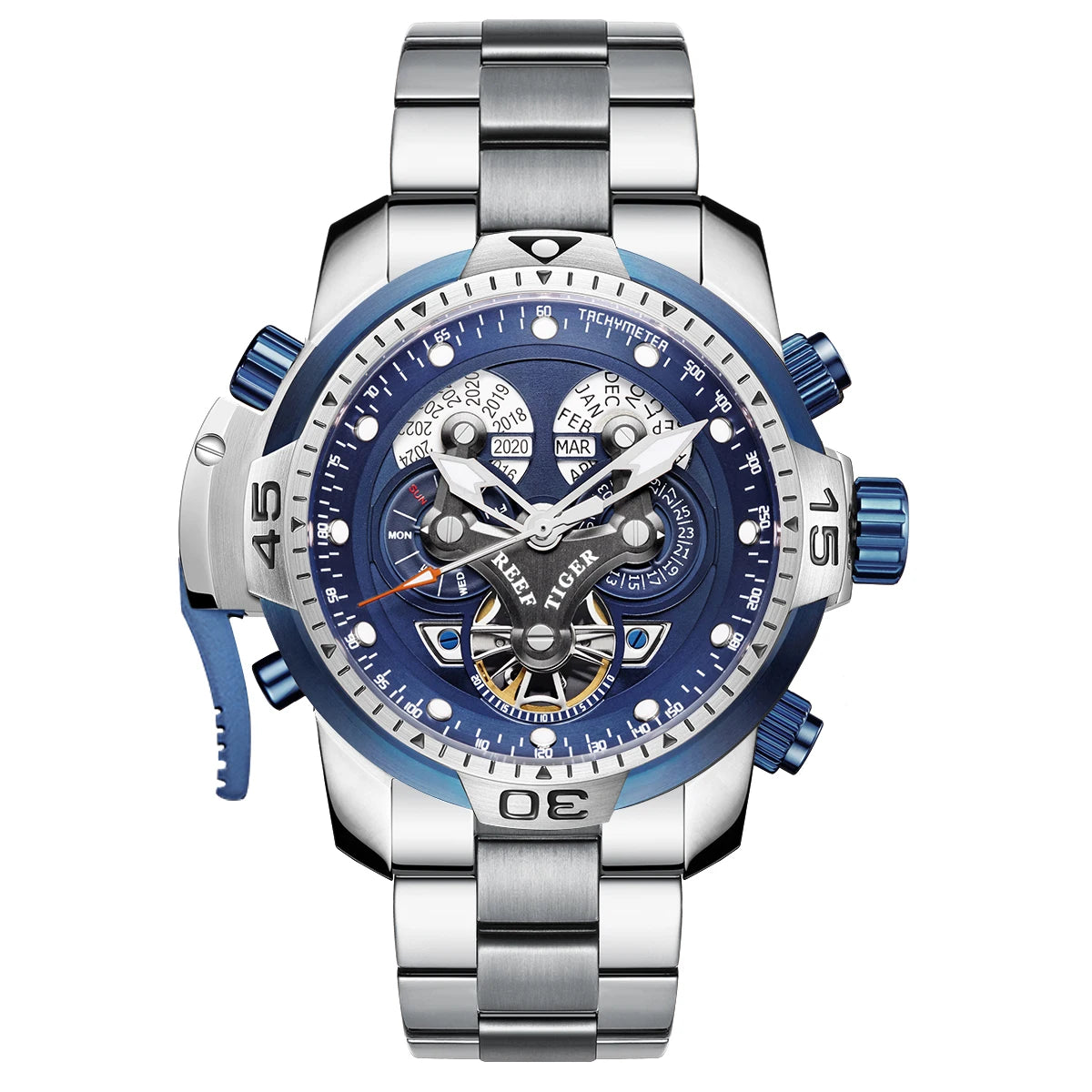 Reef Tiger/RT Designer Stainless Steel Completed Calendar Automatic Watch Men Date Rose Gold Bracelet Mechanical Watches RGA3503