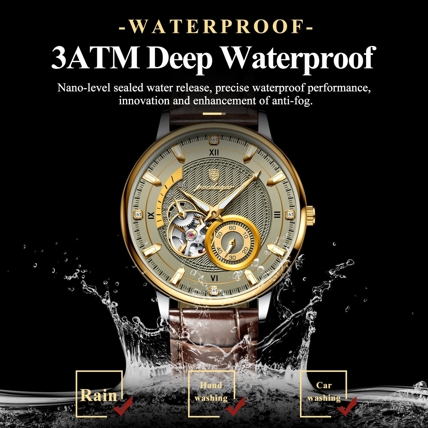 POEDAGAR Military Sport Man Watch Waterproof Luminous Hollow Tourbillon Men Clock Automatic Mechanical Leather Men's Watches+Box