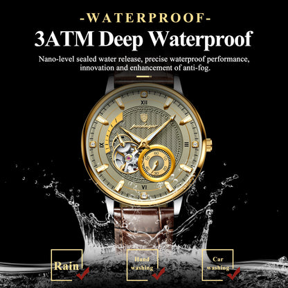 POEDAGAR Military Sport Man Watch Waterproof Luminous Hollow Tourbillon Men Clock Automatic Mechanical Leather Men's Watches+Box