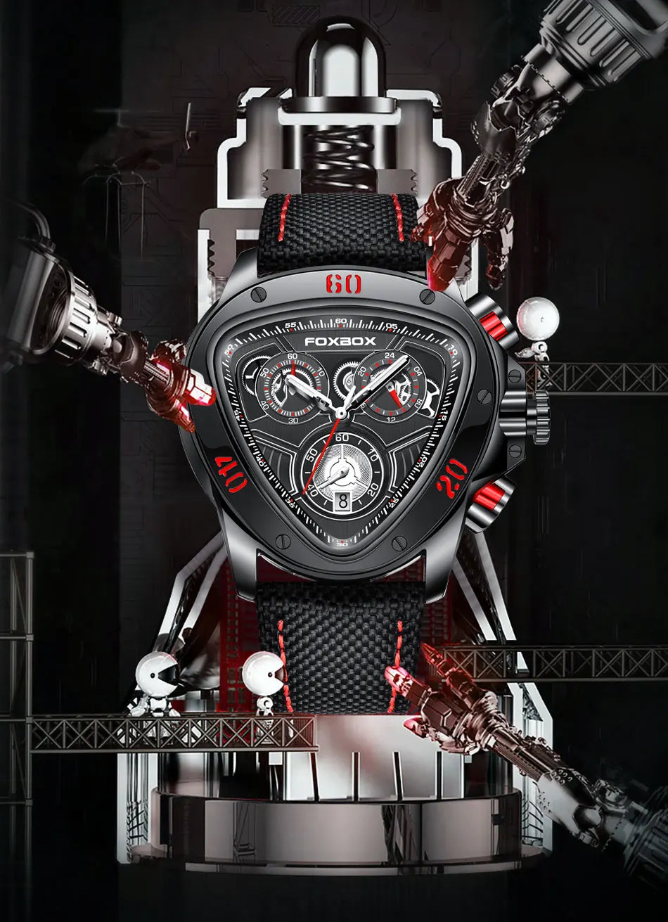 FOXBOX Fashion Luxury Quartz Man Watch Creative Big Dial Chronograph Date Nylon Strap Casual Sport Triangle Men's Watches Clocks