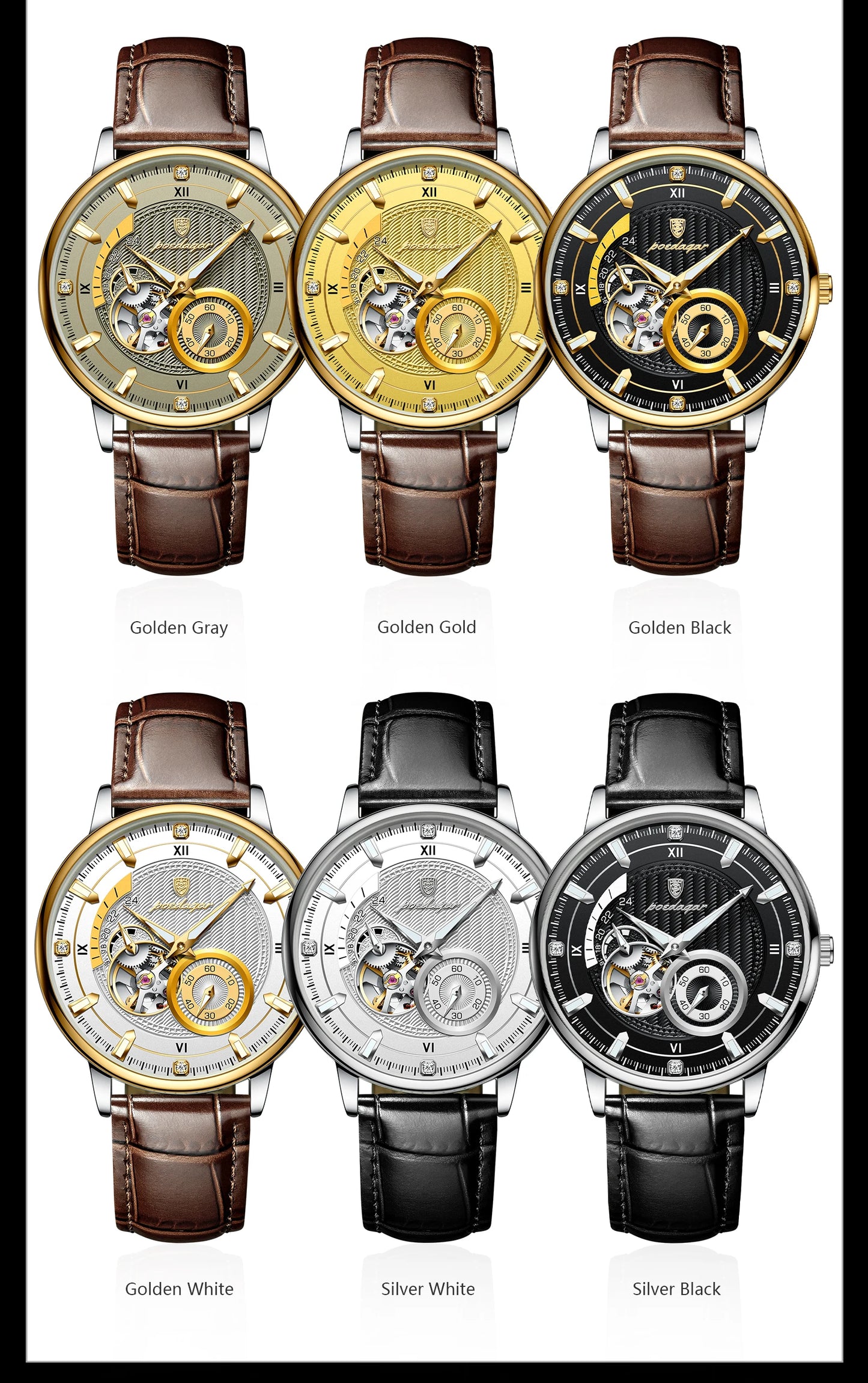 POEDAGAR Military Sport Man Watch Waterproof Luminous Hollow Tourbillon Men Clock Automatic Mechanical Leather Men's Watches+Box