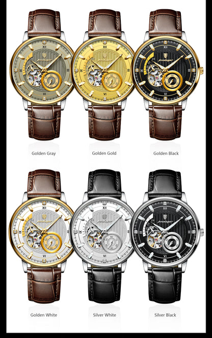 POEDAGAR Military Sport Man Watch Waterproof Luminous Hollow Tourbillon Men Clock Automatic Mechanical Leather Men's Watches+Box