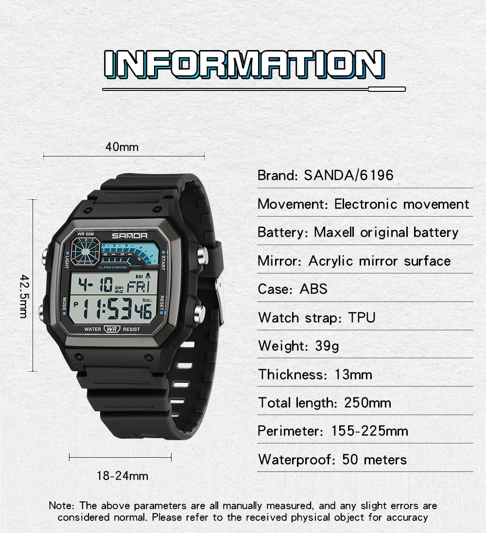 SANDA 6196 Student Electronic Watch Night Light Waterproof Sports Men's Lightweight Square Luxury Classic  Electronic Watch