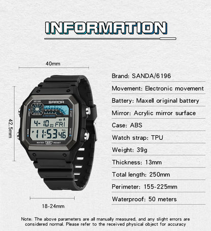 SANDA 6196 Student Electronic Watch Night Light Waterproof Sports Men's Lightweight Square Luxury Classic  Electronic Watch