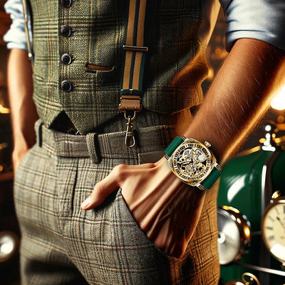 A men's yellow-green casual stylish watch with an intricately engraved strap and fully automatic mechanical movement