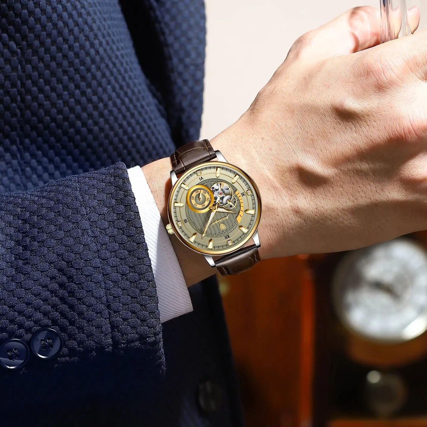 POEDAGAR Military Sport Man Watch Waterproof Luminous Hollow Tourbillon Men Clock Automatic Mechanical Leather Men's Watches+Box