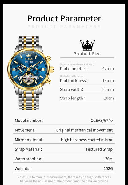 OLEVS 6740 Skeleton Flywheel Artistic Multifunctional Dials High Definition Translucent Coated Mirror Luminous Men's Watch