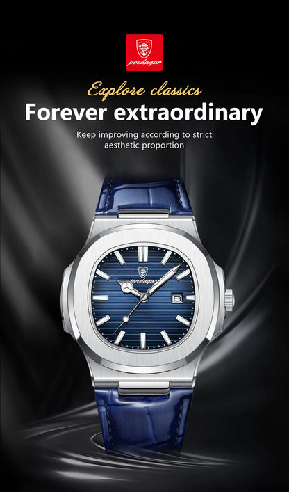POEDAGAR Top Square Man Watch Date Waterproof Luminous Luxury Men Wristwatch High Quality Leather Men's Quartz Watches+Box Reloj