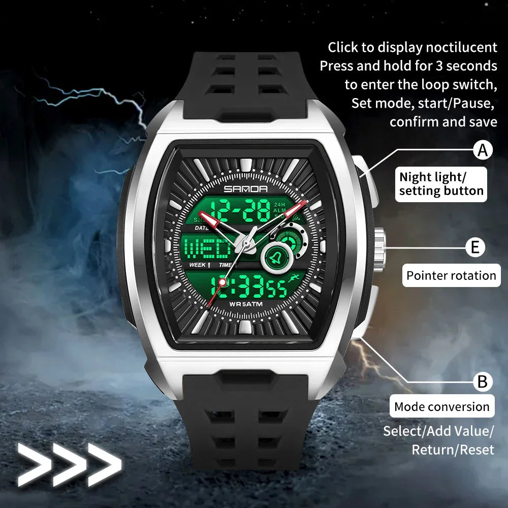 SANDA Luxury Men Wristwatch Electronic LED Display Luminous Sports Man Watch Quartz Waterproof Military Alarm Date Watches Male