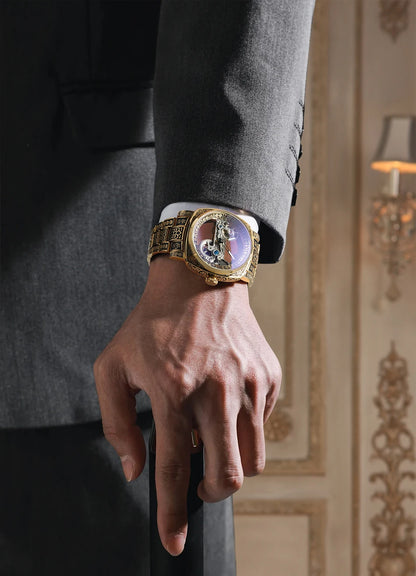 Forsining Vintage Square Skeleton Automatic Mechanical Watch for Men Engraved Case Steel Leather Strap Business Mens Watches