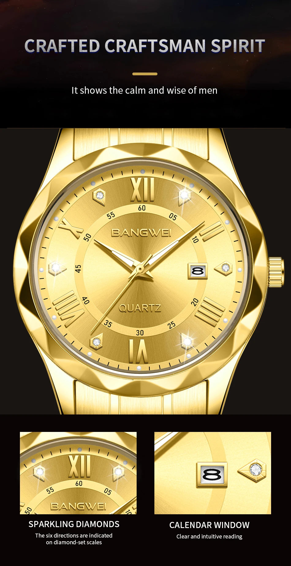 BANGWEI Quartz Watch For Men Luxury Calendar Waterproof Business Men's Wristwatch Luminous Big Dial Simple Man Watch hombre