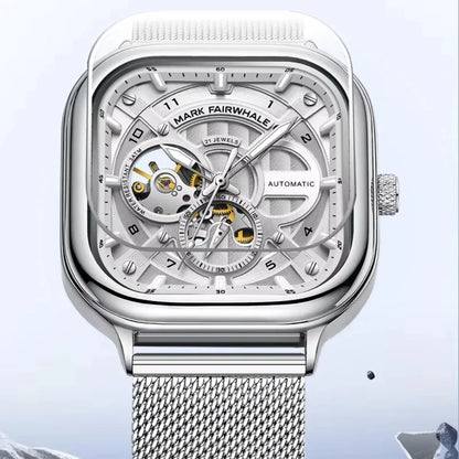Mark Fairwhale 6014 Men's Automatic Movement Mechanical Watch Square Dial Stainless Steel Waterproof Mesh Strap Watches for Men