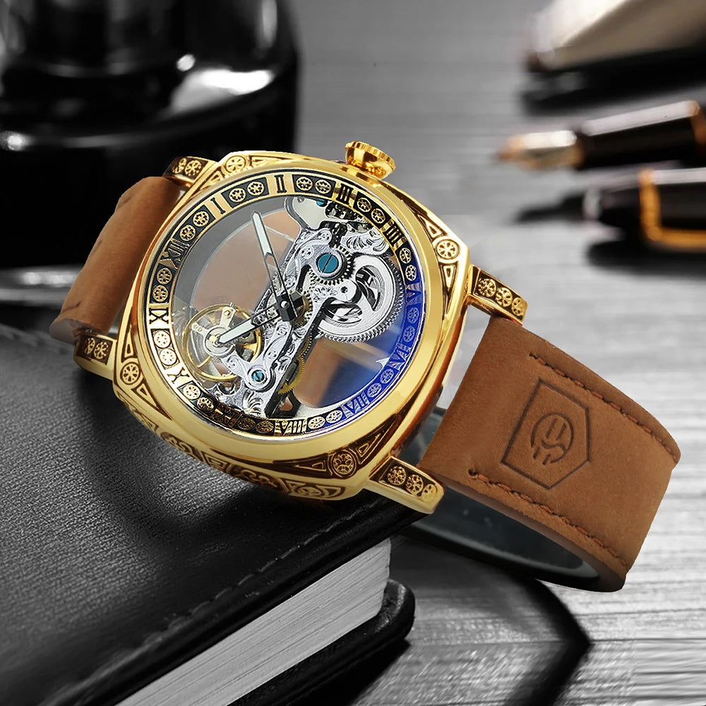 Forsining Vintage Square Skeleton Automatic Mechanical Watch for Men Engraved Case Steel Leather Strap Business Mens Watches