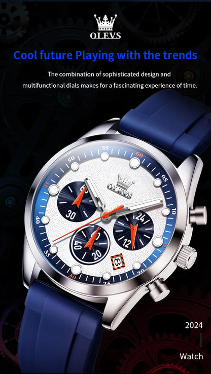 OLEVS 5602 Mens Watch Original Fashion Bright Colors Silicone Strap Quartz Wristwatch Waterproof Luminous Reloj Chronograph Date