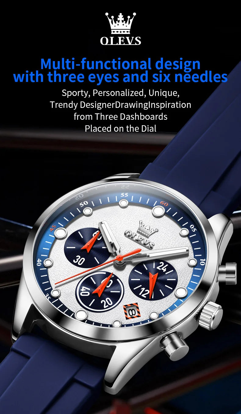 OLEVS 5602 Mens Watch Original Fashion Bright Colors Silicone Strap Quartz Wristwatch Waterproof Luminous Reloj Chronograph Date