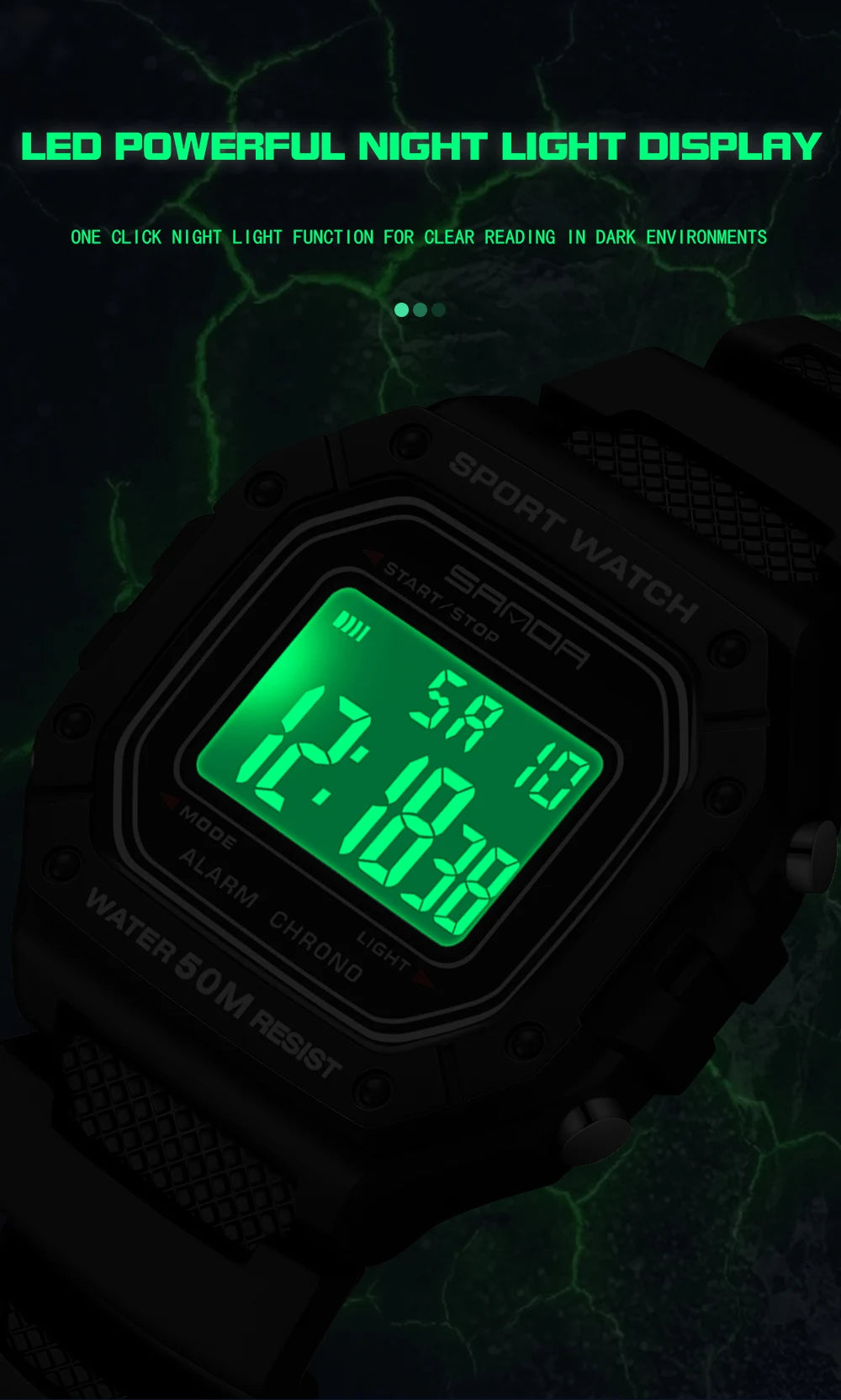 SANDA Fashion 2156 Men's Electronic Watch Movement Rectangular Sports Waterproof LED Display Screen Dial Men's Electronic Watch