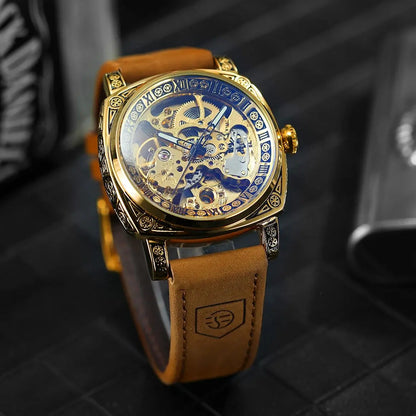 Forsining Royal Retro Skeleton Automatic Mechanical Watch for Men Leather Strap Business Casual Mens Watches Top Brand Gifts New