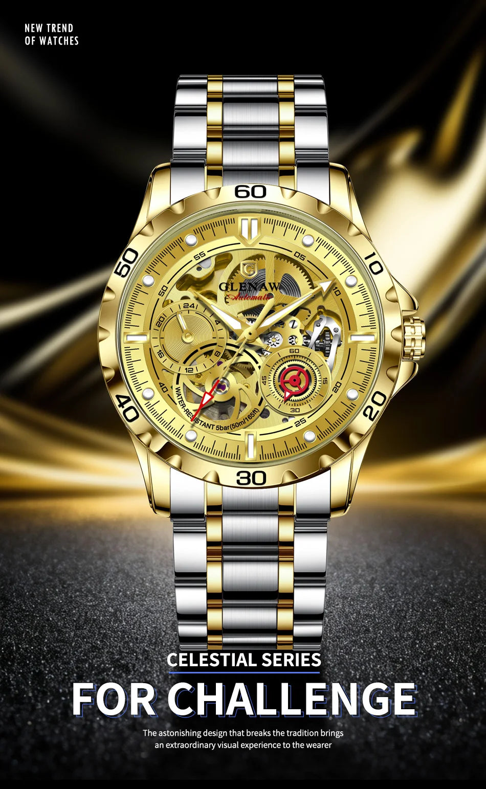 2025 New GLENAW Design Luxury Mechanical Watch Men Stainless Steel Strap Night Light 24-hour Display Waterproof Automatic Watch