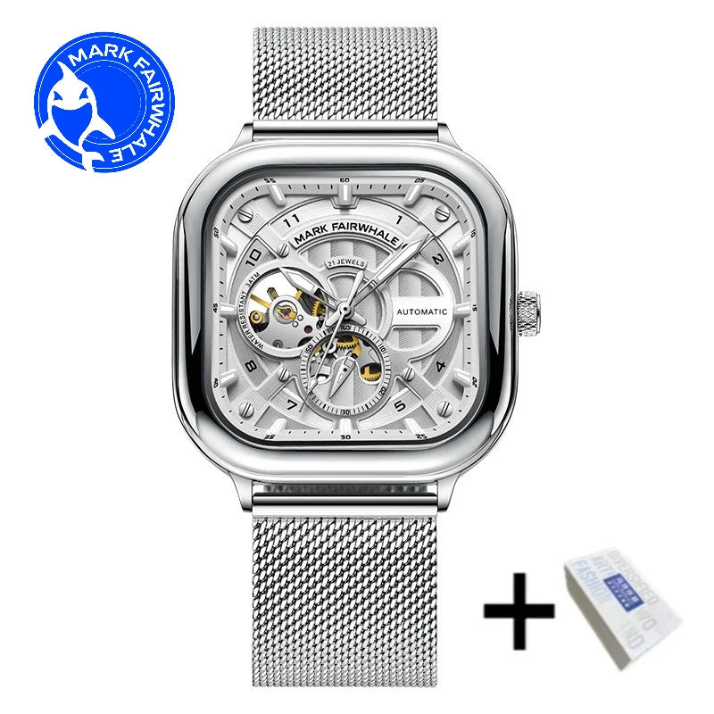 Mark Fairwhale 6014 Men's Automatic Movement Mechanical Watch Square Dial Stainless Steel Waterproof Mesh Strap Watches for Men