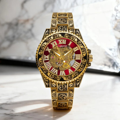 A men's black and red vintage luxury-style fully automatic mechanical watch with exquisite engravings