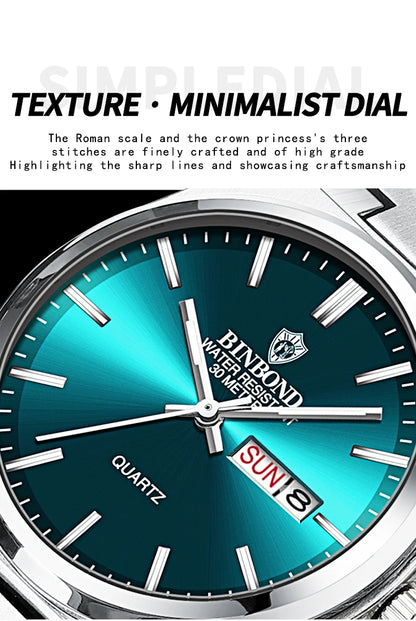 BINBOND Men's Fashion Business Watch Quartz Movement Stainless Steel Buckle Waterproof Luminous Calendar Leisure Watch