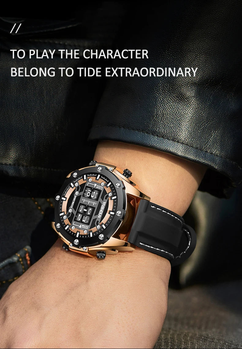 YASHIDUN Men Quartz Watch Roller Digital Dial Design Silicone Strap Versatile Wristwatch Clock Waterproof Military Sports Clock