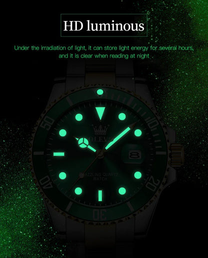 OLEVS Top Original Men Quartz Watch Green Waterproof Watch for Men Stainless Steel Quartz Men Luxury Watch Luminous Wristwatch