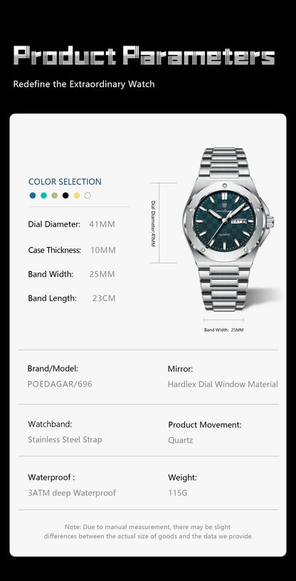 POEDAGAR Original Men Clock Quartz Date Week Luxury Man Wristwatch Waterproof Luminous Stainless Steel Sport Men's Watches Reloj