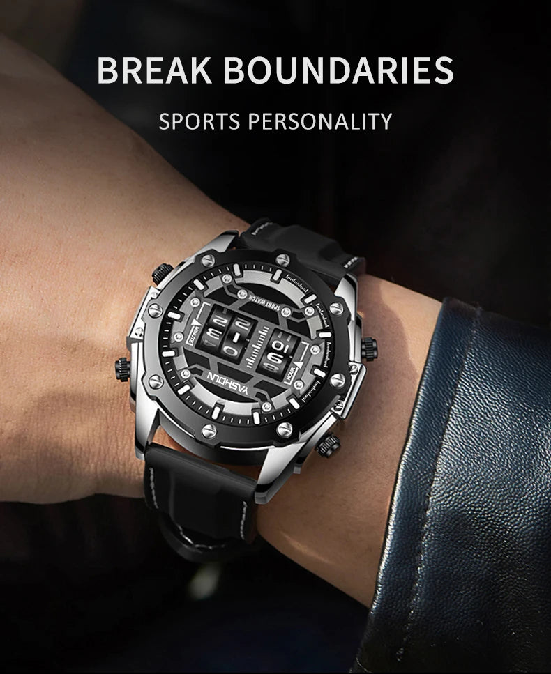 YASHIDUN Men Quartz Watch Roller Digital Dial Design Silicone Strap Versatile Wristwatch Clock Waterproof Military Sports Clock
