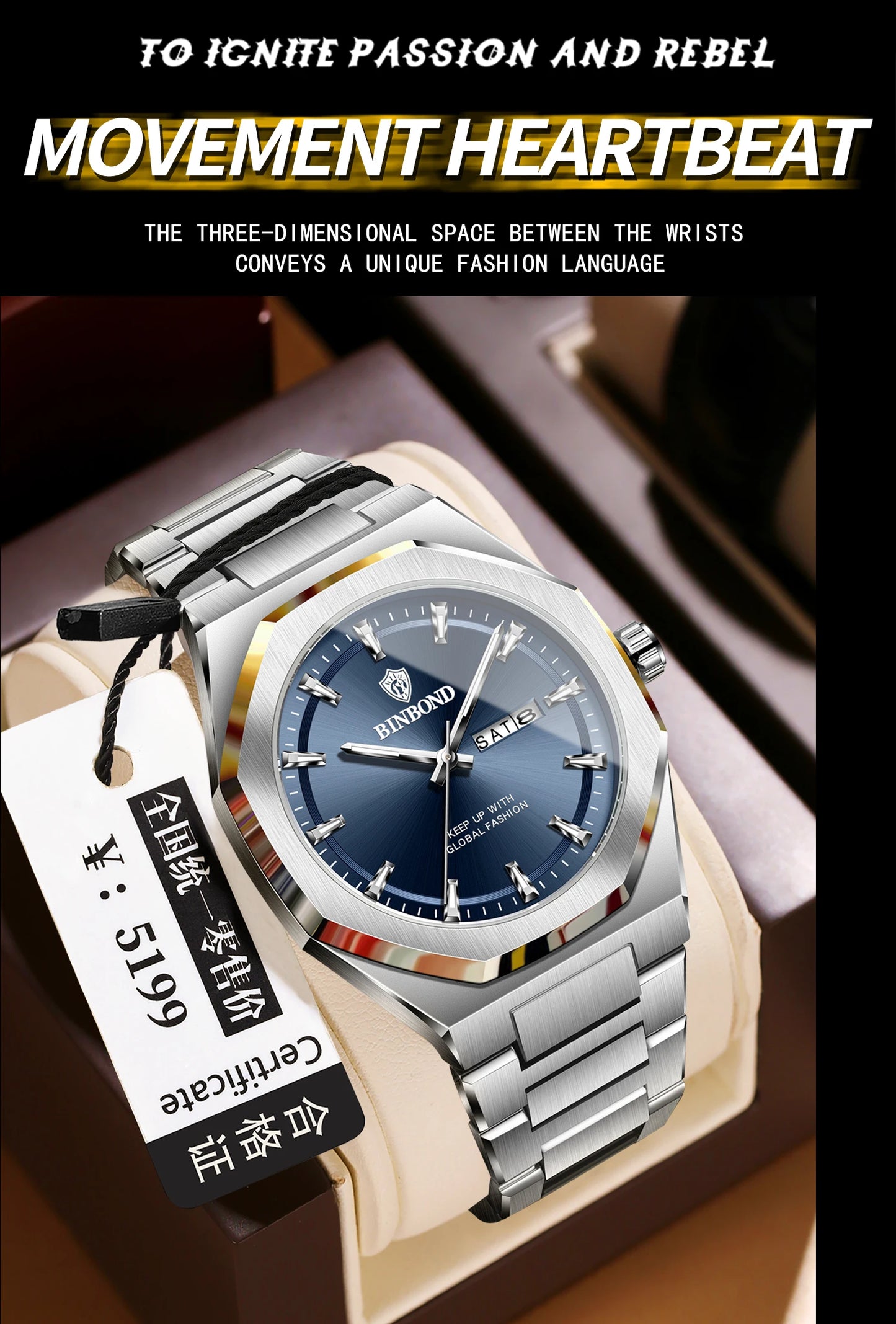 BINBOND Fashionable Men's Quartz Watch Dual Calendar Night Light Waterproof Trend Casual Business Sports Male Quartz Wristwatch