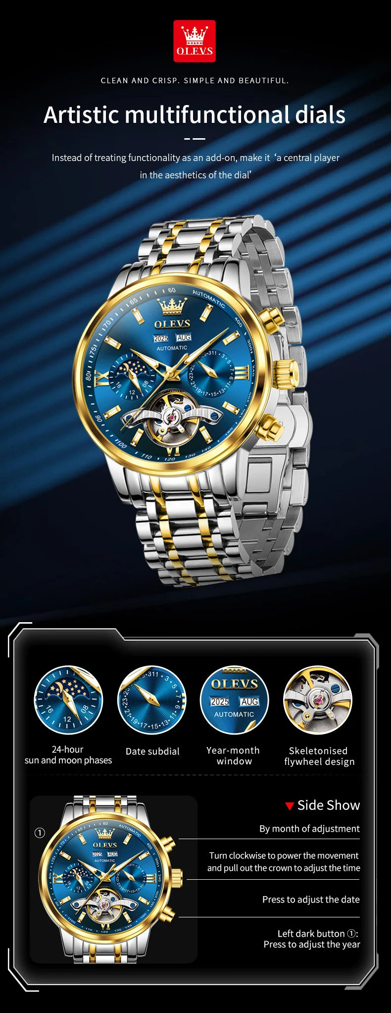 OLEVS 6740 Skeleton Flywheel Artistic Multifunctional Dials High Definition Translucent Coated Mirror Luminous Men's Watch