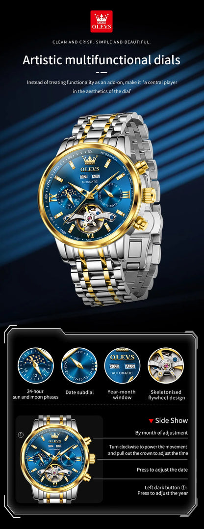 OLEVS 6740 Skeleton Flywheel Artistic Multifunctional Dials High Definition Translucent Coated Mirror Luminous Men's Watch