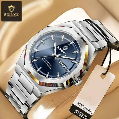 BINBOND Fashionable Men's Quartz Watch Dual Calendar Night Light Waterproof Trend Casual Business Sports Male Quartz Wristwatch