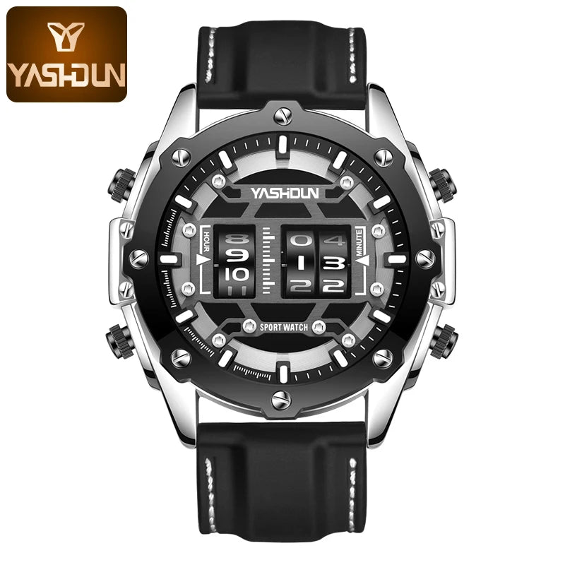 YASHIDUN Men Quartz Watch Roller Digital Dial Design Silicone Strap Versatile Wristwatch Clock Waterproof Military Sports Clock