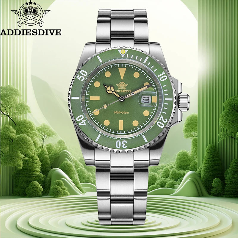 ADDIESDIVE Diver Watch Men Quartz Wristwatch 200m Waterproof Ceramic Bezel Super C3 Luminous AR Coating Calendar Diving Watch