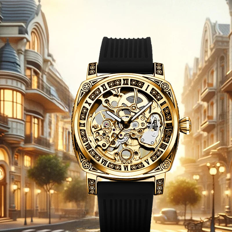 A men's yellow and black casual fashion mechanical watch with exquisite engraved hollow pattern